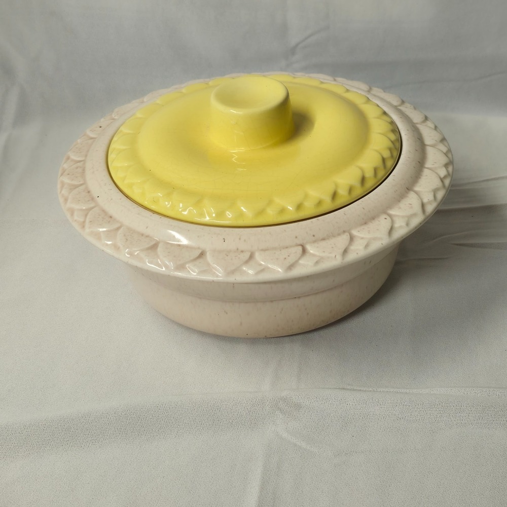 Vintage California Pottery Casserole Dish Beige Bottom Yellow Lid L-43
